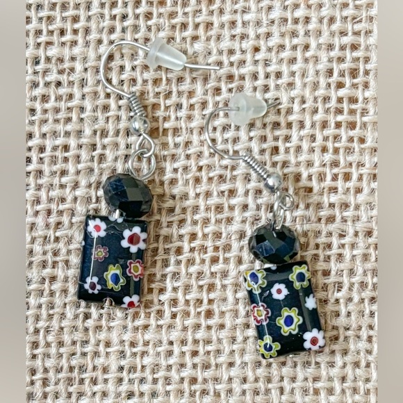 Black Glass Bead Floral Necklace Earrings Set Millefiori Whimsigoth Dark Romance - Picture 4 of 6